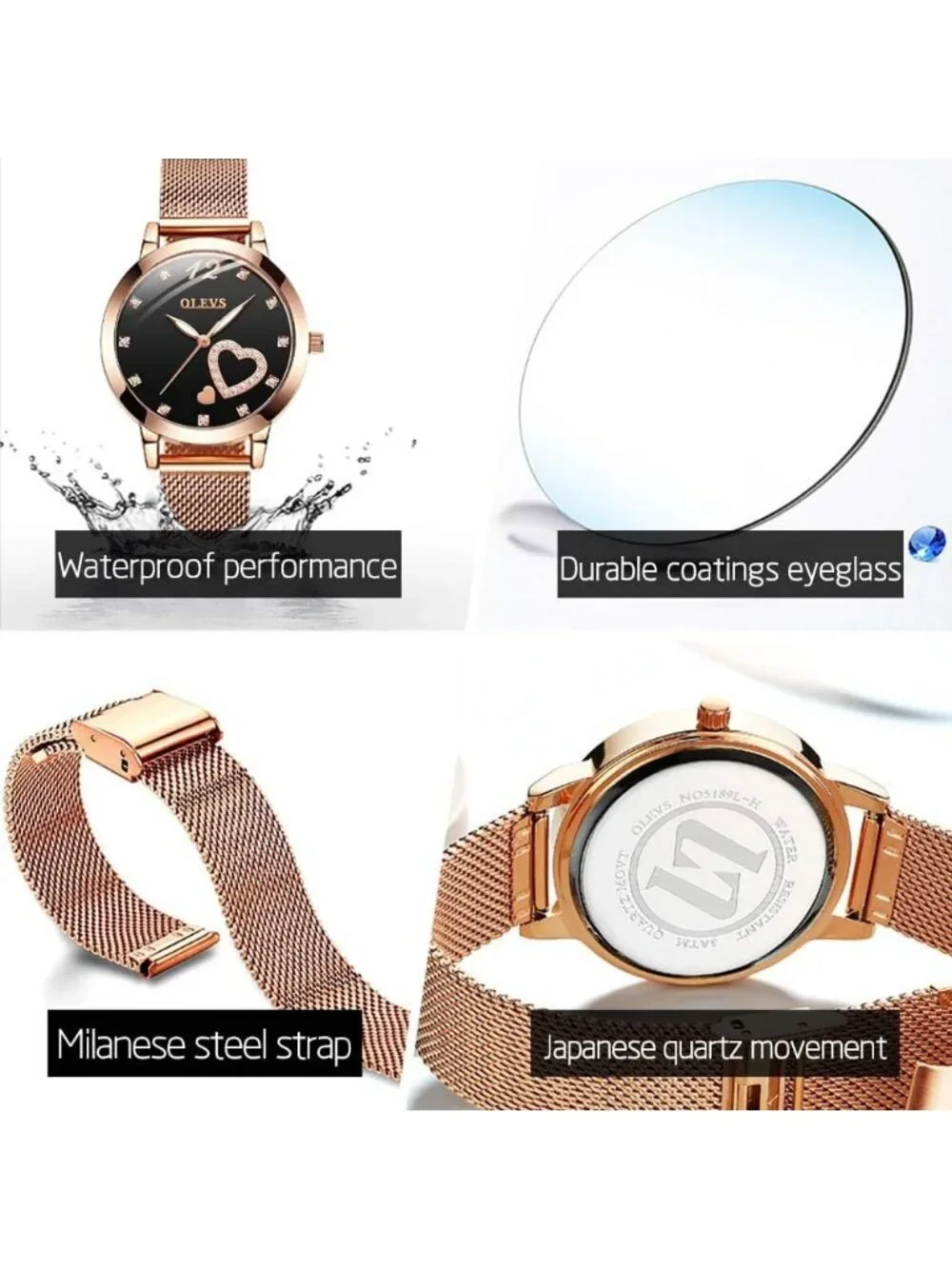 Women's Black Mesh Strap Fashion Dress Hearts Quartz Bracelet Sets Ladies Watch